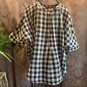 Loft Checked Gingham Shirt Semi-Sheer Blue and White 4-Button Front Short Sleeve